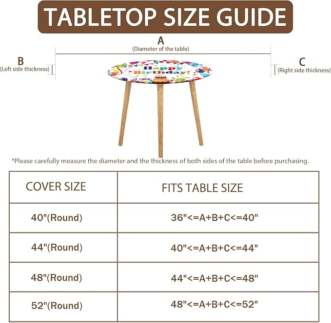 Birthday Round Fitted Tablecloth with Elastic Colorful Happy Birthday Party Circle Table Cover for 44-48" Round Tables Wipeable Waterproof Cake Balloons Gifts Table Cloth for Picnic Dining Patio Decor