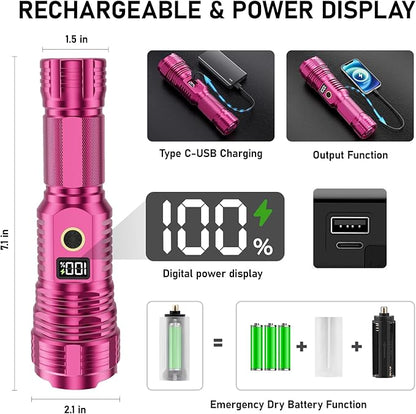 Flashlights High Lumens Rechargeable, LED Super Bright Flash Light Long Beam, Zoomable Linternas with LCD Digital Display, 5 Mode, Waterproof, Powerful Tactical Flashlight for Emergencies Camping Gift