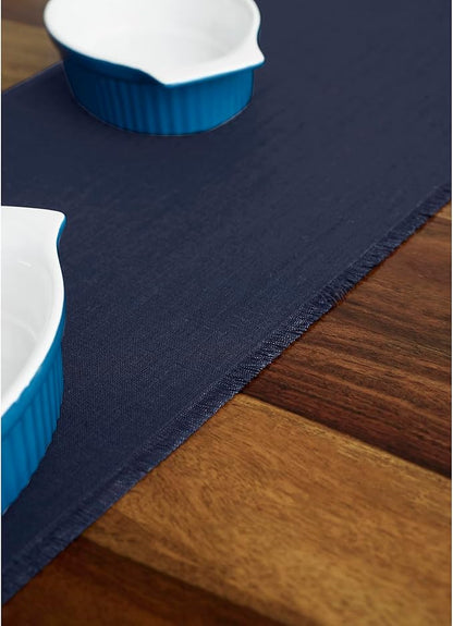 Solino Home Linen Navy Blue Table Runner 120 Inches Long - Fringe, 100% Pure Linen 14 x 120 Inch Table Runner for Winter