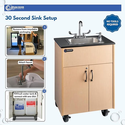 Ozark River Portable Sinks Premier 1D, Deep Stainless Sink Basin-Laminate Countertop-Maple Laminate, Self Contained Sink, Portable Sink with Hot Water, Portable Sink Hand Wash Station