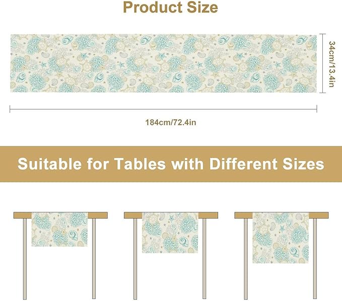 Ocean Coastal Table Runner, Nautical Summer Beach Coral Sea Turtle Table Runner for Kitchen Coffee Dining Bedroom Living Room Dinner 13x90in