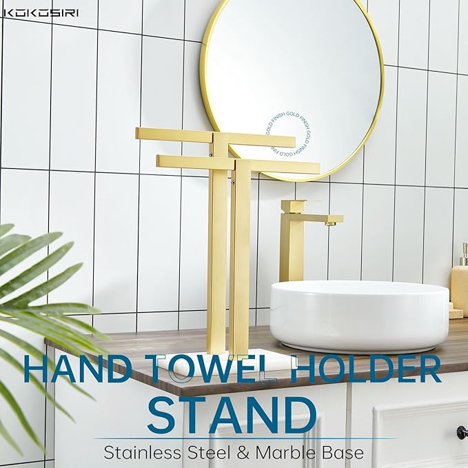 KOKOSIRI Hand Towel Bars Standing Towel Rack with Marble Base for Bathroom Kitchen Vanity Countertop, Gold Stainless Steel 15.7'' Height THS0001-SM-BG
