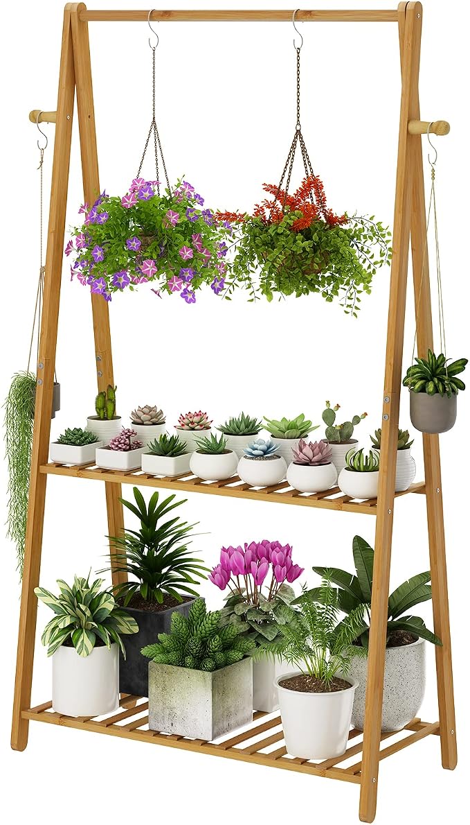 Hanging Plant Shelf Indoor Outdoor Bamboo Wood Plant Flower Stands | 2 Tiered by TOVACU