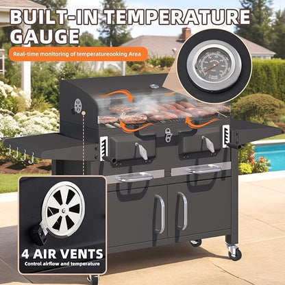 MELLCOM Charcoal Grills, 36 In Large BBQ Grill with Storage Cabinet, 620 Sq.In Oversized BBQ Area, Individual Lifting Charcoal Trays, Foldable Side Tables and Thermometer for Patio, Outdoor, Balcony
