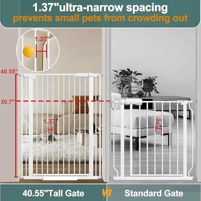 40.55" Tall 1.37" Ultra Narrow Spacing Dogs Pets Baby Gate for Doorway Hallway Safety Proof Indoor 53.74-61.61" Extra Wide Puppy Pressure Mounted No Drill Walk Through White Metal