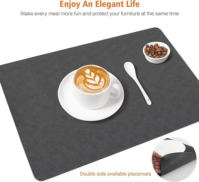 Vinyl Placemats Set of 8 Heat Resistant Easy Clean Non-Slip Place Mats for Dining Table. Faux Leather Waterproof Stain Resistant Wipeable Washable PU Table Mats(8, Gray)