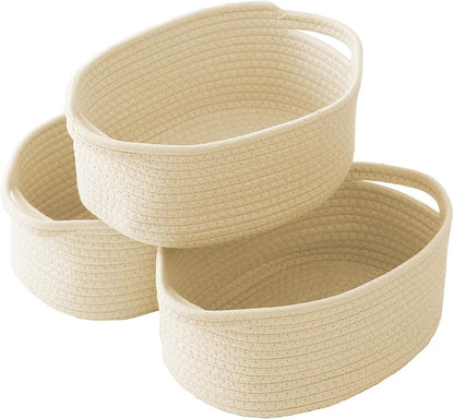 Woven Basket,Small Rope Storage Bin with Handles & Ribbon Bag, Organizer for Shelves Closets,Gift Basket Empty for Birthday,Books,Dog Toys,Beige/3 Pack