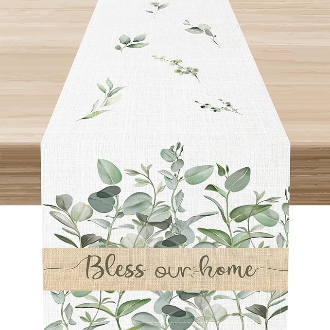 Farmhouse Table Runner, Green Eucalyptus Spring Summer Seasonal Plants Rustic Country Cafe Coffee Table Center Decor for Home Kitchen Dining Patio Indoor Outdoor Table Decorations, 13"x36" Inch