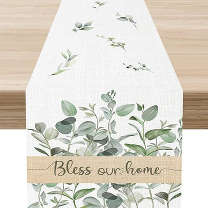 Farmhouse Table Runner, Green Eucalyptus Spring Summer Seasonal Plants Rustic Country Cafe Coffee Table Center Decor for Home Kitchen Dining Patio Indoor Outdoor Table Decorations, 13"x90" Inch