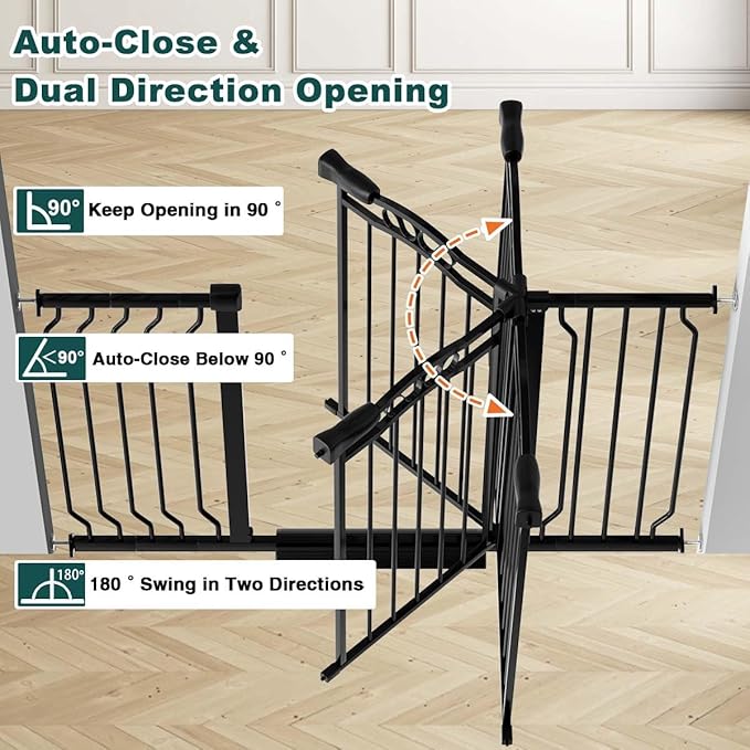 Fairy Baby 29.5"-43.7" Extra Wide Baby Gate for Stairs, Pressure Mounted Dog Gate for Doorways, Auto Close Metal Pet Gate with Arch Design for Puppy, No Drill Child Gate with Walk Thru Door, Black