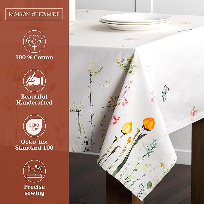 Maison d' Hermine Table Cloth Rectangle Table 100% Cotton 70 x 90 Inches Tablecloth Reusable Decorative for Dining Room, Farmhouse, Home, Party, Festive & Wedding Spring Summer - Botanical Fresh