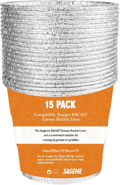 15 Pack BAC407 Grease Bucket Liner for Traeger Grills,Drip Liner Drip Pan for HDW152 Grease Bucket Traeger Pro Series 575/780, 20/22/34, Ironwood 650/885 Grills,Pit Boss Pellet Grill Smoker
