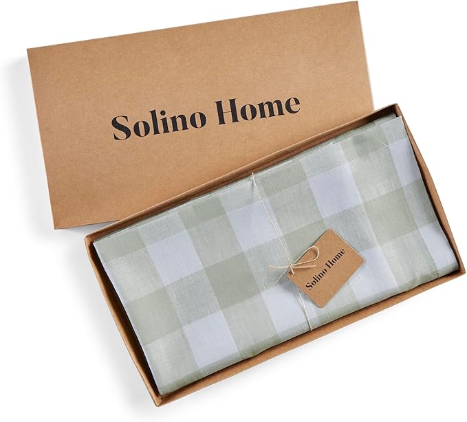 Solino Home Linen Checkered Table Runner 132 Inches Long - 100% Pure Linen Buffalo Check Sage and White Table Runner 14 x 132 Inch Ideal for Dining, Spring, Easter, St Patricks Day