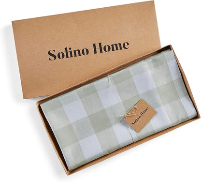 Solino Home Linen Checkered Table Runner 132 Inches Long - 100% Pure Linen Buffalo Check Sage and White Table Runner 14 x 132 Inch Ideal for Dining, Spring, Easter, St Patricks Day