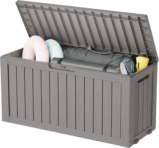 KAMABOKO Deck Box, 75 Gallon Resin Indoor and Outdoor Storage Boxes Waterproof for Garden Tools, Pool Accessories Storage Bench, Patio Furniture and Cushions with Lockable Lid, Grey