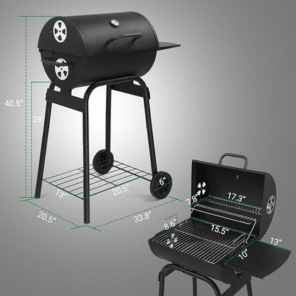 Outvita Barrel Charcoal Grill with Warming Rack, Outdoor BBQ Grill with Side Table with Nearly 268 Sq.In. Cooking Grid Area for Backyard Patio Picnic Parties Camping, Black
