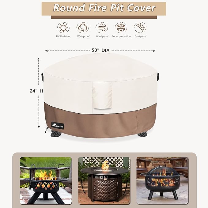 Fire Pit Cover Round 50 Inch Waterproof,Outdoor Heavy Duty Durable 600D Tear-Resistant Fire Pit Table Cover,Patio Round Firepit Cover 50" D x 24" H, Beige