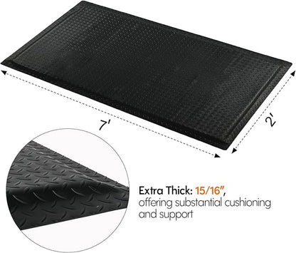 Nisorpa Anti Fatigue Mats Industrial 2' x 7' Ergonomic Standing Mat 15/16" Extra Thick Kitchen Rugs for Standing Heavy Duty Commercial Diamond Plate - Safety Support for Leg & Back Pain, Black