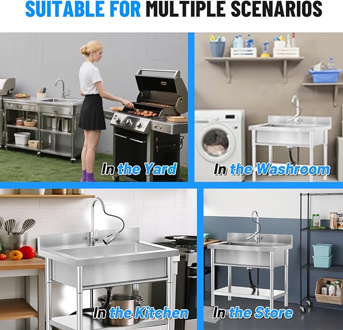 40Inch Stainless Steel Utility Sink,Free Standing Single Bowl Kitchen Sink with Left Right, Cold and Hot Water Pipe, Indoor and Outdoor for Laundry Room Farmhouse Kitchen