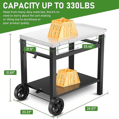 34x21IN Outdoor Grill Table, Grill Stand Cart for Ninja Woodfire & Blackstone Griddle, Pizza Oven Table for Outside, Extra-Wide Stainless Steel Cart with Wheels for Kitchen Table Barbecue Tool Set