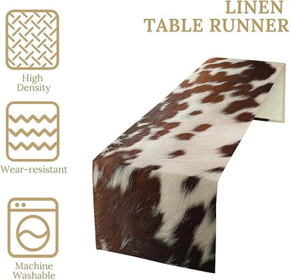 Cow Print Table Runner, Western White Brown Cowhide Rustic Coffee Table Runner for Home Kitchen Dining Room Farmhouse 13x120in