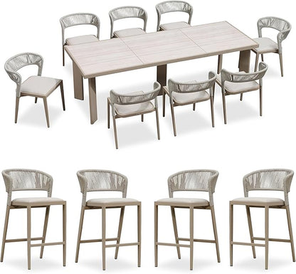 PURPLE LEAF 9 Pieces Outdoor Dining Set Patio Table and Chairs Set Aluminum Rattan Wicker Patio Dining Set for Lawn Backyard Deck Champagne with Counter Stools
