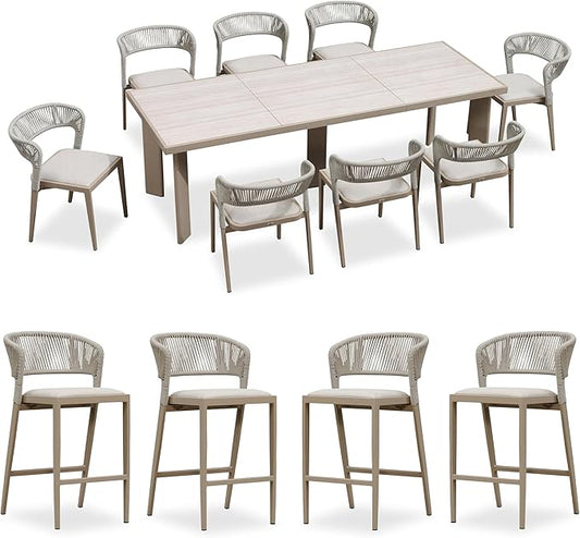 PURPLE LEAF 9 Pieces Outdoor Dining Set Patio Table and Chairs Set Aluminum Rattan Wicker Patio Dining Set for Lawn Backyard Deck Champagne with Counter Stools