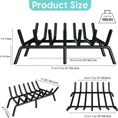21-Inch Fireplace Grate, Heavy Duty 7-Bar Log Rack Holder Made of Solid Round Steel for Indoor/Outdoor Fire Pits, Wood Stoves & Kindling Tools