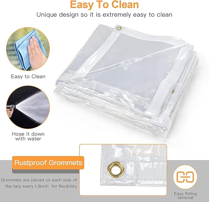 6 x 12FT Outdoor Clear Tarp Curtain Waterproof Wind-Proof 24 Mil Transparent Vinyl Tarp for Patio Pergola Garden Canopy Rainproof Anti-Tear PVC Thick Cover with Grommets