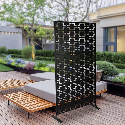 75" H×35" W Decorative Outdoor Privacy Screen with Stand, Outdoor Decor Privacy Fence Screen Metal Fence Panels, Free Standing Metal Divider for Patio Lawn Deck (Black-Square)
