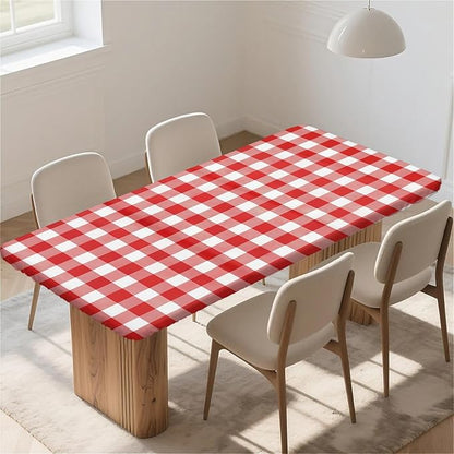 Rectangle Table Cloth Cover Waterproof Elastic Fitted Polyester Fitted Tablecloths for 6 Foot Tables for Indoor,Picnic, Camping, Outdoor （72" x 30"，Red Grid）