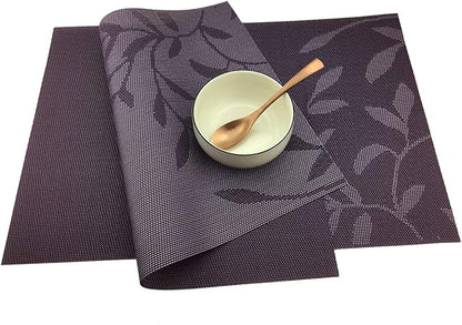 Gugrida Place Mats PVC Set of 6, Table Placemats Set of 6 PVC Woven Vinyl Place Mats Table Mats Natural Color (6 pcs, Purple Leaves)
