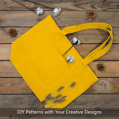 TOPDesign 1-Pack Canvas Tote Bags with an External Pocket, Reusable Grocery Shopping Bags, Top Zipper Closure, Daily Essentials (Yellow)