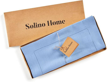 Solino Home Linen Cornflower Blue Table Runner 144 Inches Long - 100% Pure Linen Hemstitch 14 x 144 Inch Table Runner for Dining, Winter, Spring, Easter - Classic Hemstitch