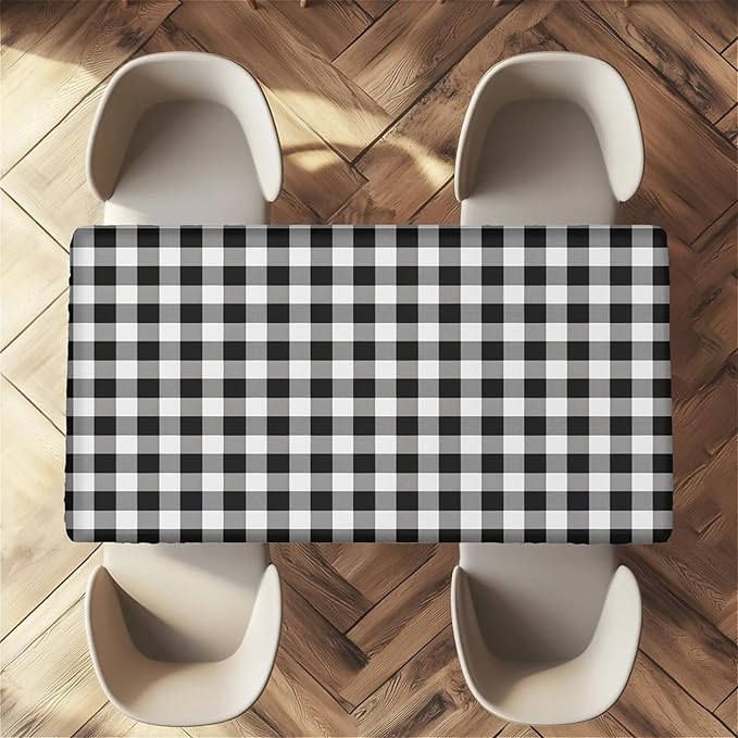 Rectangle Table Cloth Cover Waterproof Elastic Fitted Polyester Fitted Tablecloths for 6 Foot Tables for Indoor,Picnic, Camping, Outdoor （60" x 30"，Black Grid）