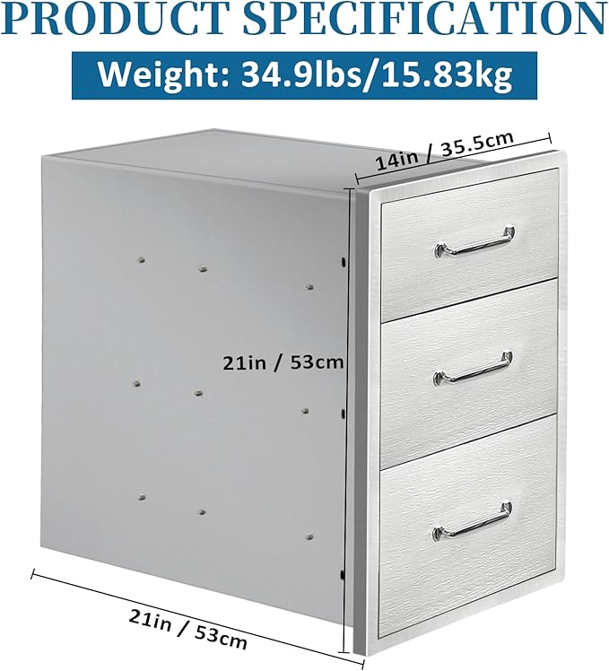 Outdoor Kitchen Drawers 14" Wx21 Hx21 D Flush Mount Access 3-Drawer BBQ Stainless Steel Drawers with Handle for Outdoor Kitchen Island or Grill Station