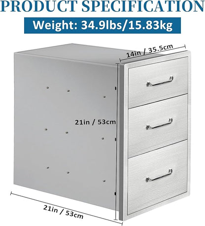 Outdoor Kitchen Drawers 14" Wx21 Hx21 D Flush Mount Access 3-Drawer BBQ Stainless Steel Drawers with Handle for Outdoor Kitchen Island or Grill Station