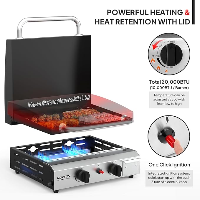 ROVSUN 2 Burner Portable Propane Griddle with Enameled Tray & Lid, 20000 BTU Rolling Flat Top Gas Grill with Electronic Ignition, Side Shelves & Regulator for Outdoor Cooking Camping BBQ Tailgating