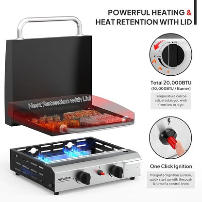 ROVSUN 2 Burner Portable Propane Griddle with Enameled Tray & Lid, 20,000 BTU Tabletop Flat Top Gas Grill with Electronic Ignition & Regulator for Outdoor Cooking Camping BBQ Tailgating Picnicking