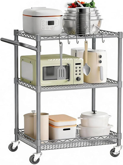 3 Tier Rolling Utility Carts with Wheels Heavy Duty Storage Cart 750Lbs Capacity Adjustable Kitchen Metal Organizer Cart with Handle & Shelf Liner Commercial Service Trolley for Indoor & Outdoor Use