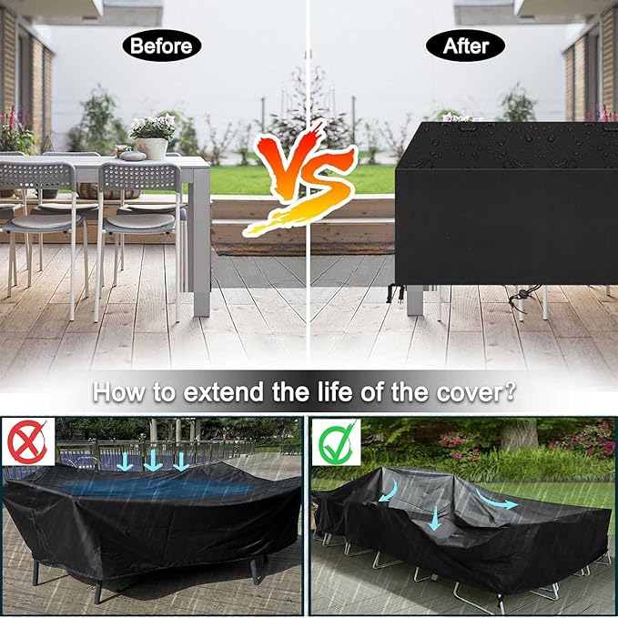 Patio Furniture Covers Outdoor Table Cover Waterproof Rectangular 420D Garden Dining Table Cover Wind Dust Proof Anti-UV Patio Sectional Couch Cover Table and Chair Set Covers 84"Lx44"Wx28"H Black