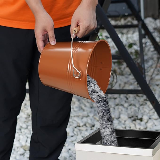 Mini Ash Bucket with Lid, 1.5-Gallon Pail with Shovel and Hand Broom, Metal Bucket Coal and Ash Carrier (Copper)