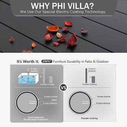 PHI VILLA 6-Person Outdoor Metal Steel Slat Dining Rectangle Table with Adjustable Umbrella Hole, Weather-Resistant for Patio Outdoor Use, Black