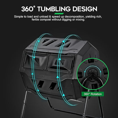 F2C Compost Bin Outdoor 43 Gallon Garden Dual Chamber Composter Bin - Bundled with Pearson's Gardening Gloves，BPA Free, Heavy-Duty Steel Frame, Rotating Tumbler with Sliding Doors | (Black)