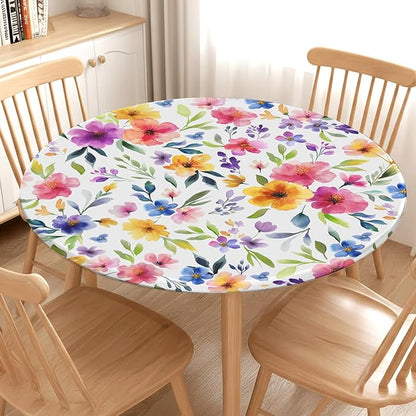 Spring Summer Floral Round Fitted Tablecloth with Elastic Watercolor Flower Outdoor Circle Table Cloth for 40-44" Tables Colorful Stretch Waterproof Washable Table Cover for Picnic Dining Party Decor