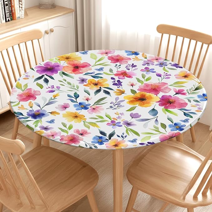 Spring Summer Floral Round Fitted Tablecloth with Elastic Watercolor Flower Outdoor Circle Table Cloth for 44-48" Tables Colorful Stretch Waterproof Washable Table Cover for Picnic Dining Party Decor