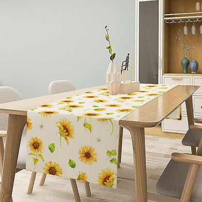 Yellow Sunflower Table Runner, Seasonal Spring Summer Flowers Table Decor for Kitchen Dining Room Coffee Holiday Kitchen Dining 13x90in