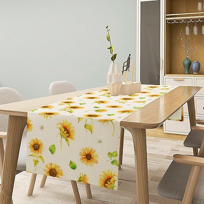 Yellow Sunflower Table Runner, Seasonal Spring Summer Flowers Table Decor for Kitchen Dining Room Coffee Holiday Kitchen Dining 13x108in