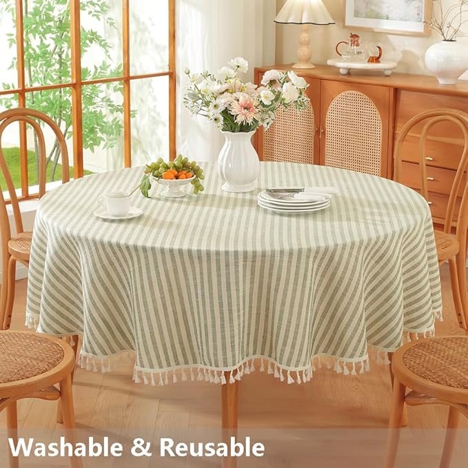 TruDelve Round Table Cloths 60 Inch Fits for Round Tables from 35" to 45" in Diameter, Green Striped Cloth Tablecloths (Green,60",Round)