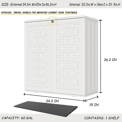 Indoor Outdoor Storage Cabinet Waterproof with Shelf, Off White Plastic Outdoor Cabinets for Patio/Garden/Backyard, Size 34.3''L*15''W*36.2''H